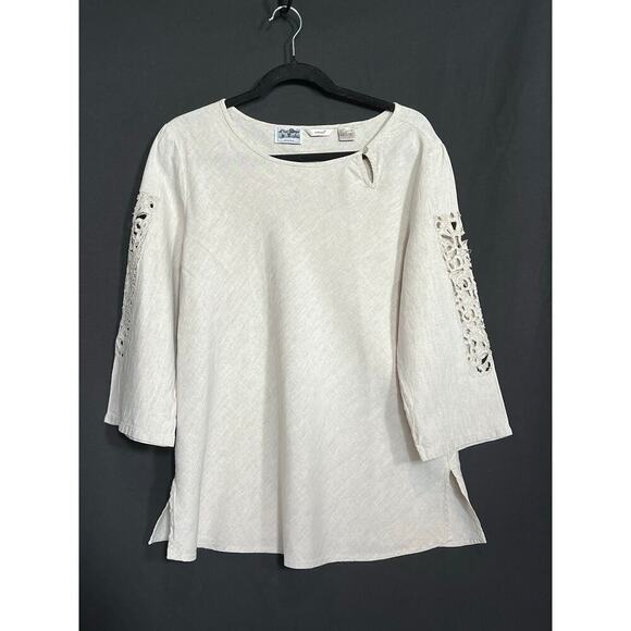 Edward Irish Linen Tunic, Large, 3/4 sleeve, cutout sleeve detail, cream color - Picture 1 of 10